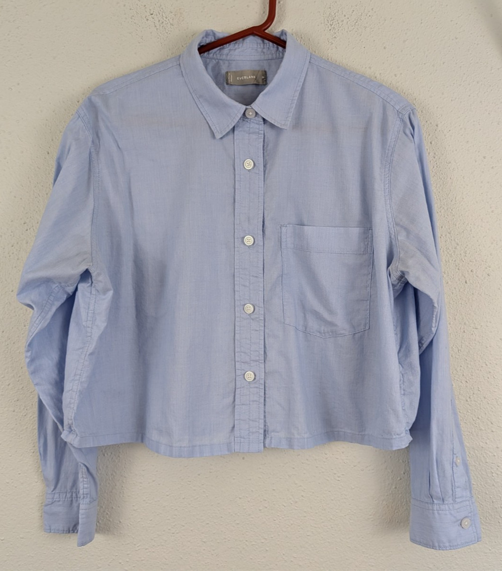 Everlane sz M Crop Shirt boxy light blue long sleeves button front top 0422